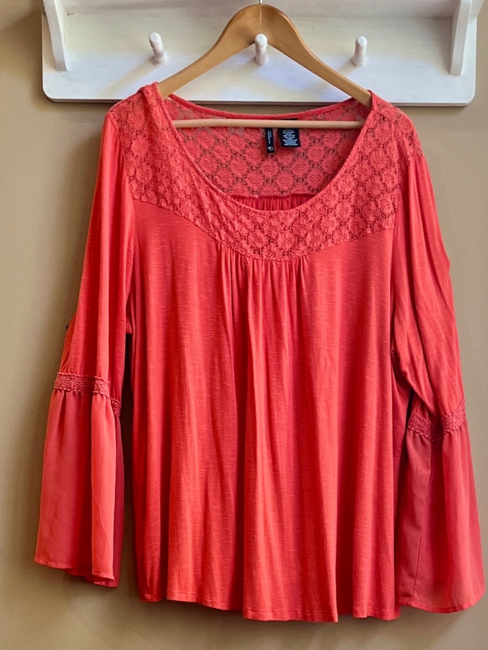 New Directions Woman Coral Lace Yoke Bell Sleeve Boho Blouse Top 2X